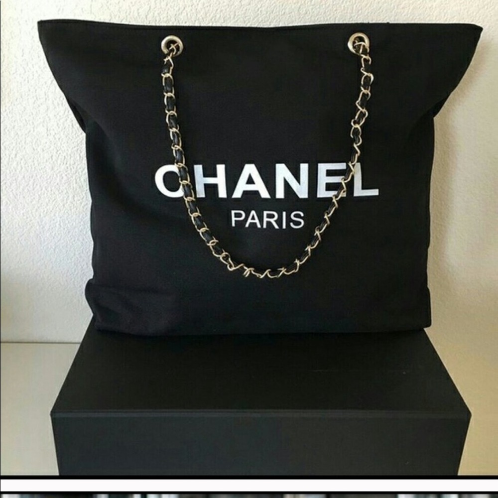 New Gold Chain Canvas Tote Shoulder Bag Black